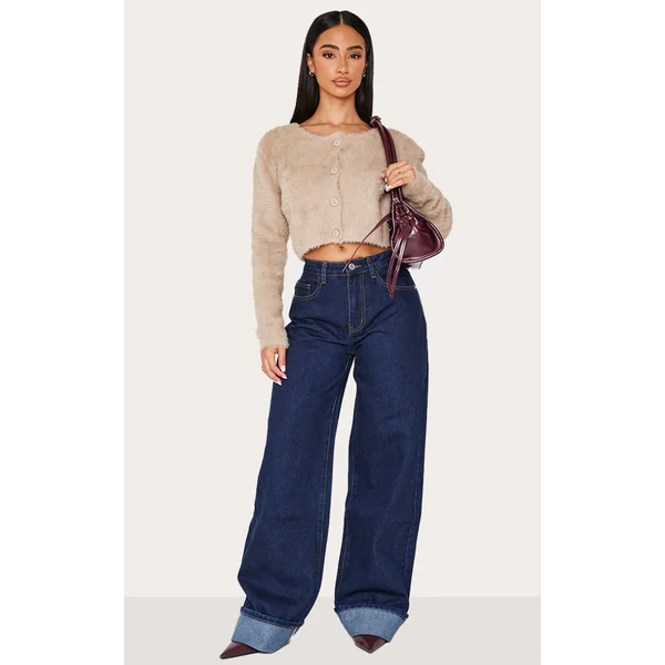 Petite Indigo Wide Leg Turn Up Hem Jeans