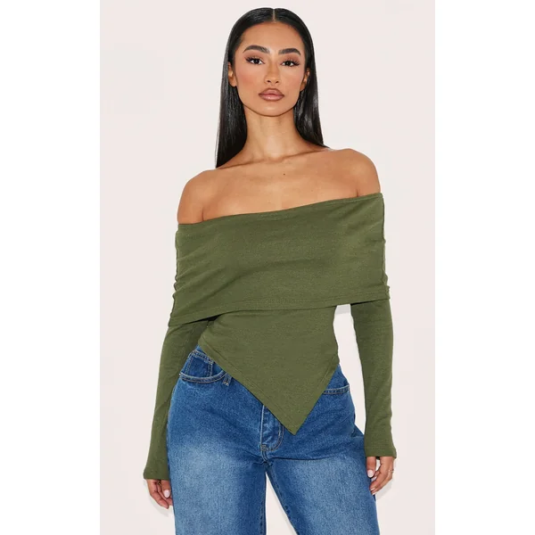 Petite Khaki Bardot Asymmetric Ribbed Hem Top