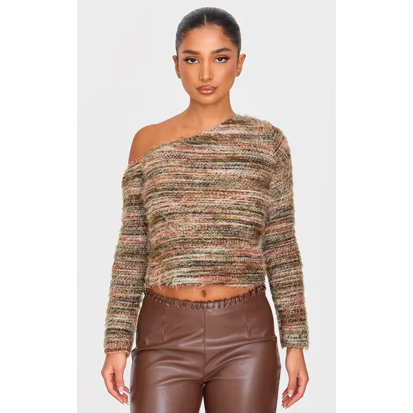 Petite Khaki Textured Stripe Asymmetric Top