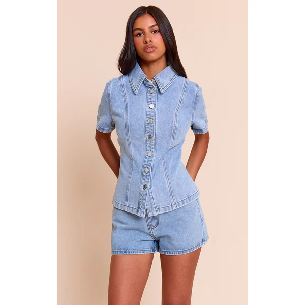 Petite Light Blue Denim Button Up Short Sleeve Shirt