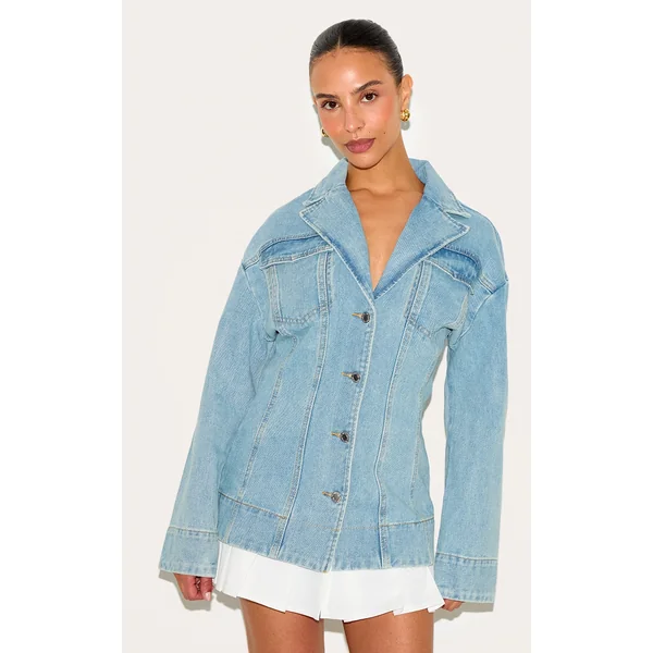 Petite Light Blue Denim Fitted Mini Dress With Pleat Details