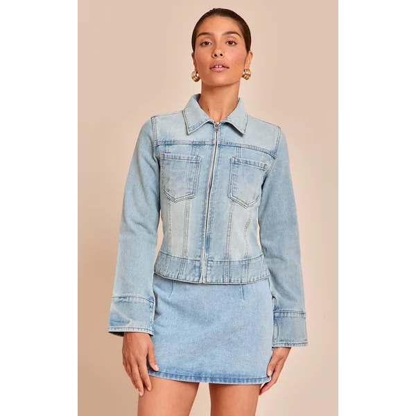 Petite Light Blue Denim Front Zip Fitted Jacket