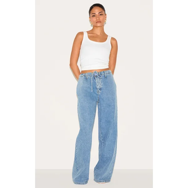 Petite Light Blue Denim Relaxed Drawstring Wide Leg Jeans