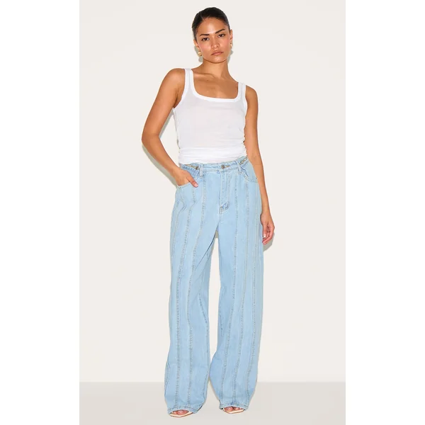 Petite Light Blue Denim Seam Detail Jeans With Adjustable Straps