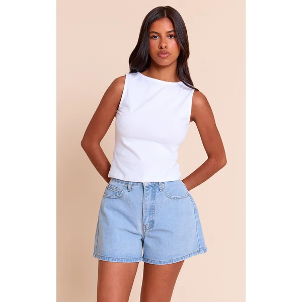 Petite Light Blue High Waisted Mom Shorts