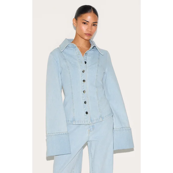 Petite Light Blue Long Sleeve Fitted Denim Shirt