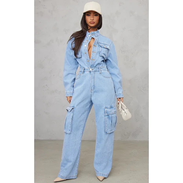Petite Light Blue Wash Denim Cargo Wide Leg Jumpsuit