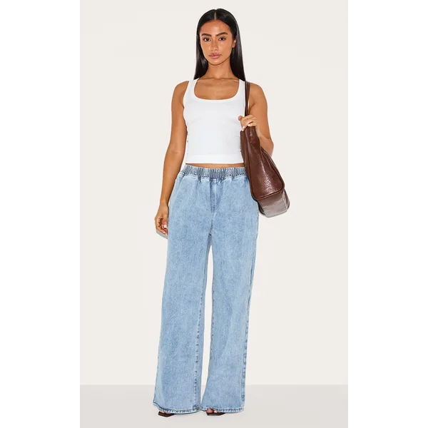 Petite Light Blue Wash Elasticated Wide Leg Jeans