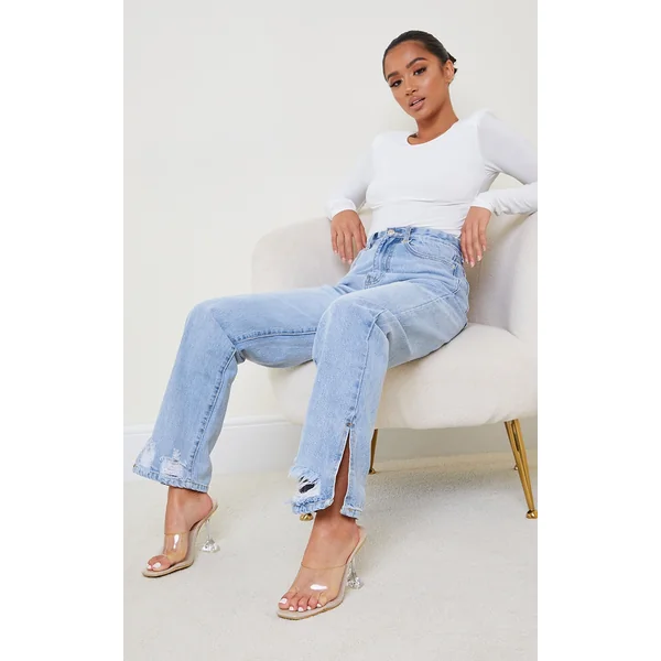 Petite Light Blue Wash Ripped Split Hem Straight Leg Jeans