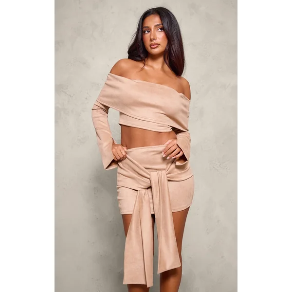 Petite Light Brown Faux Suede Long Sleeve Off The Shoulder Crop Top
