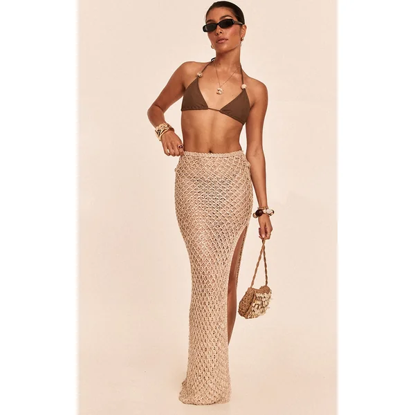 Petite Light Neutral Glitter Knit Maxi Skirt
