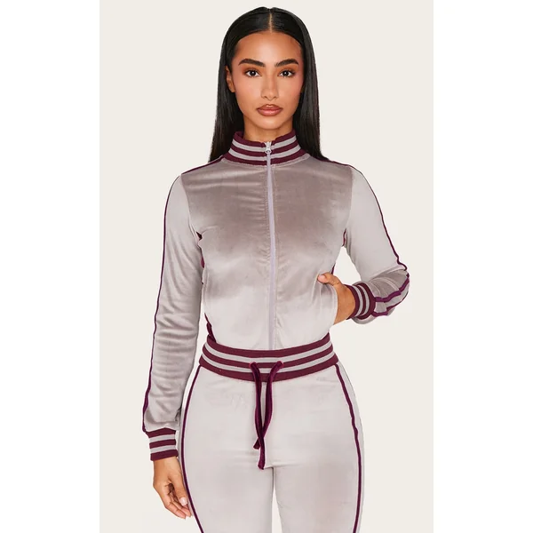Petite Mauve Contrast Velour Fitted Longline Zip Up Jacket