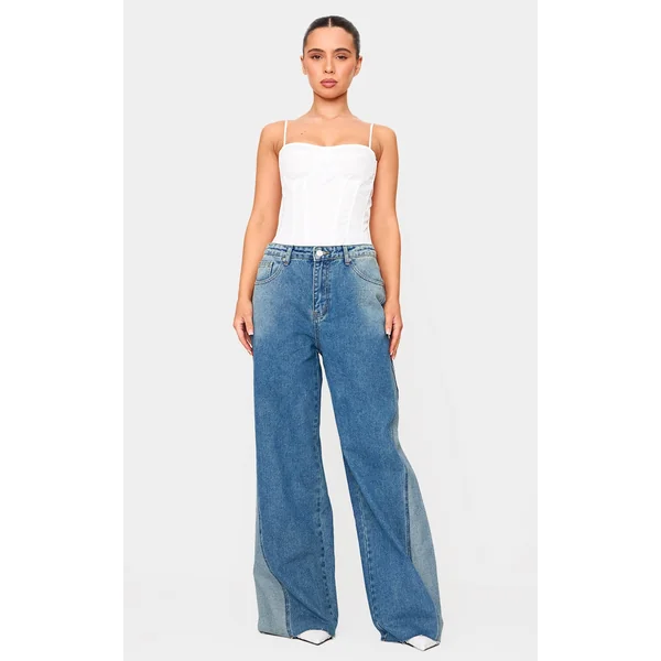Petite Mid Blue Wash Denim Contrast Panel Wide Leg Jeans