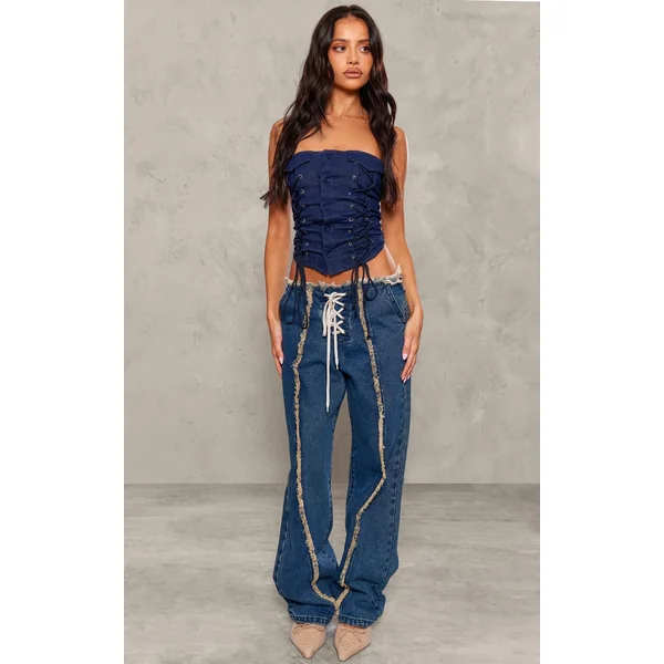 Petite Mid Blue Wash Denim Lace Up Jeans With Fray Details
