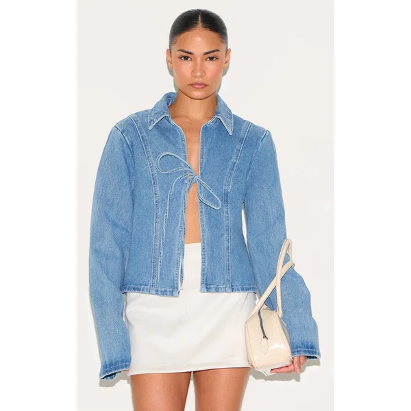 Petite Mid Blue Wash Denim Tie Front Top