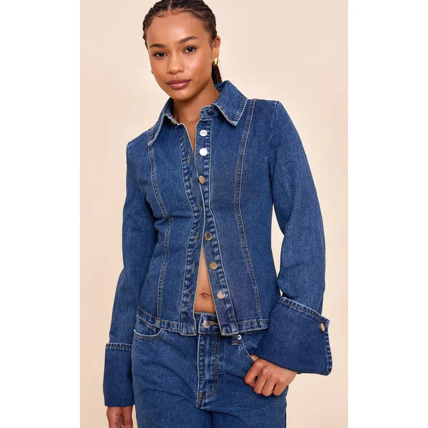 Petite Mid Blue Wash Long Sleeve Fitted Denim Shirt