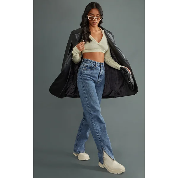 Petite Mid Blue Wash Split Hem Jeans