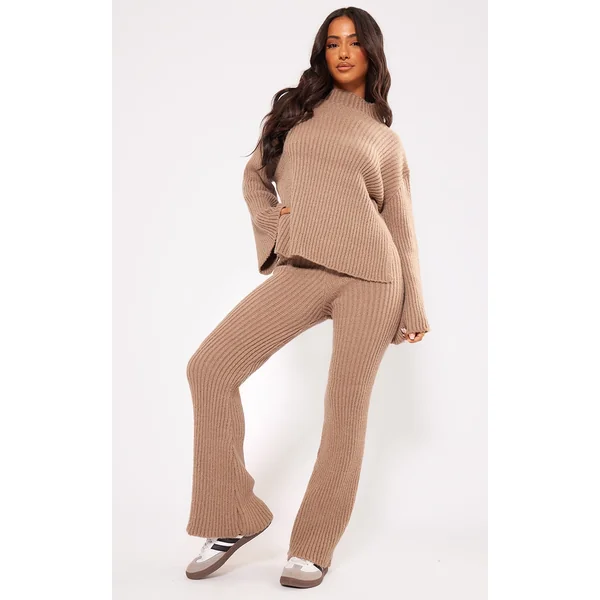 Petite Mocha Rib Knit Wide Leg Pant
