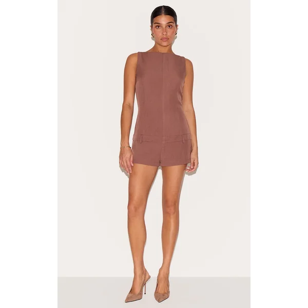 Petite Mocha Tailored Boat Neck Romper