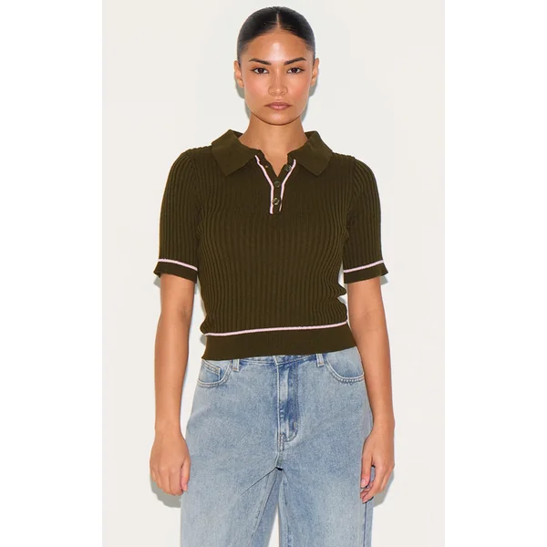 Petite Moss Green Knitted Polo Top