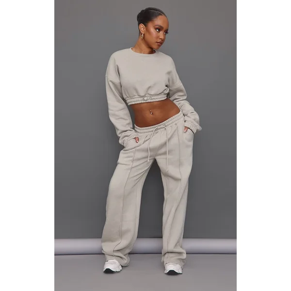 Petite Moss Grey Wide Leg Seam Detailed Sweatpants