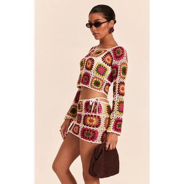 Petite Multi Crochet Knit Long Sleeve Top