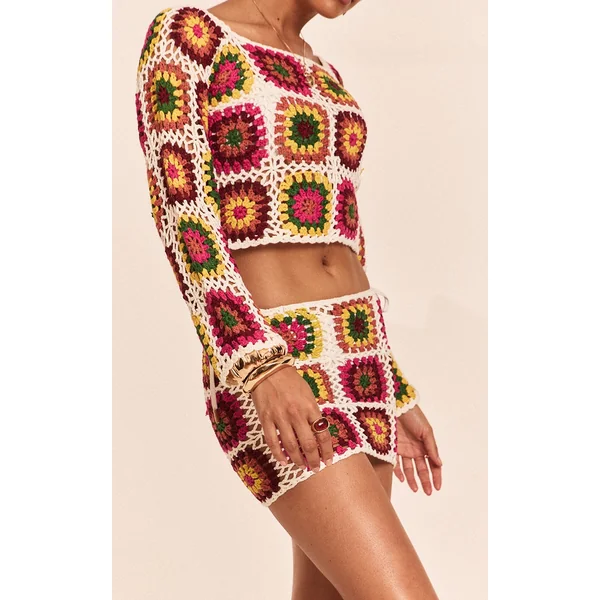 Petite Multi Crochet Knit Mini Skirt