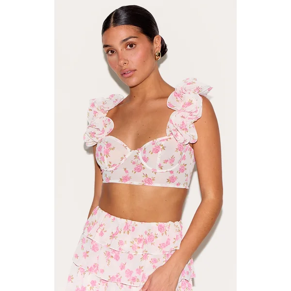 Petite Multi Floral Ruffle Crop Top