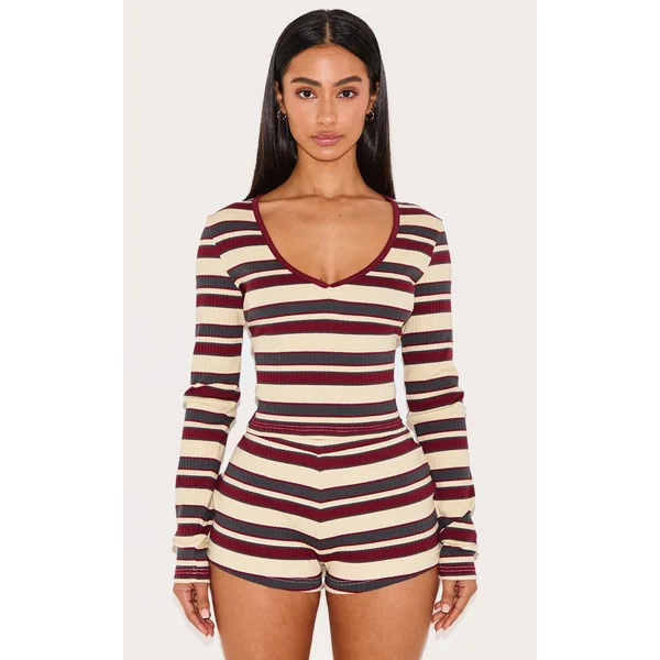 Petite Multi Stripe Ribbed Long Sleeve Top