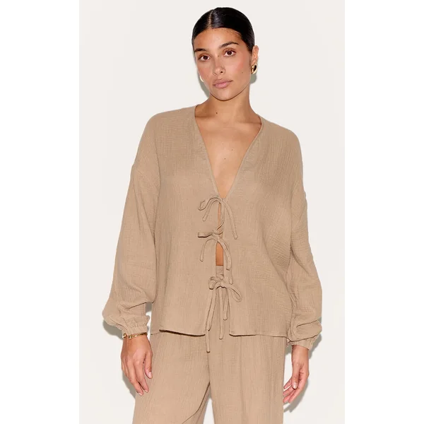 Petite Mushroom Cheesecloth Textured Tie Front Shirt