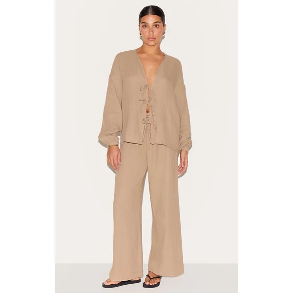 Petite Mushroom Cheesecloth Textured Wide Leg Pant