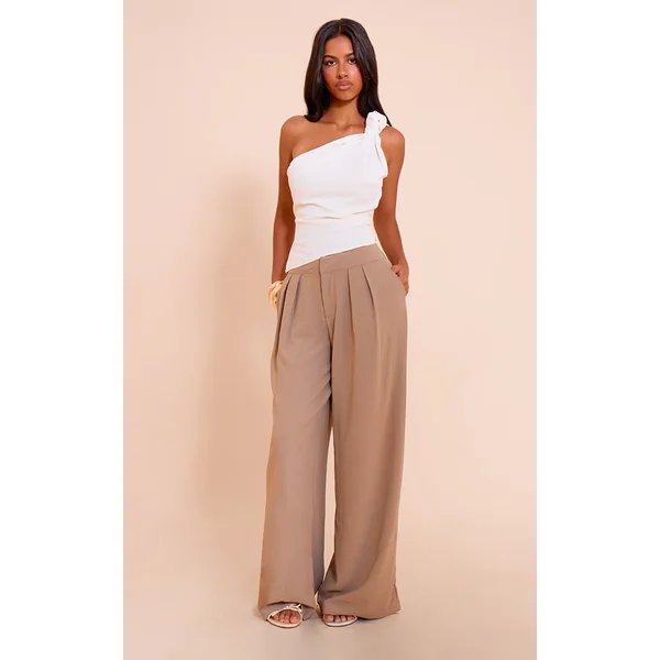Petite Mushroom Floaty Woven Double Pleat Wide Leg Pants