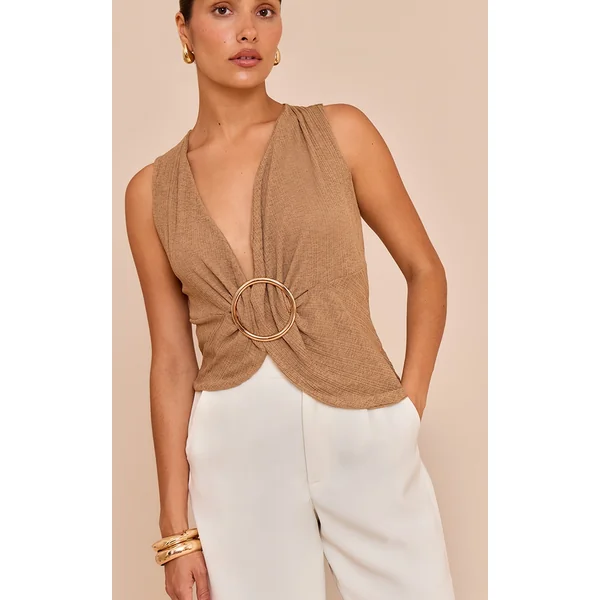 Petite Mushroom Ribbed Onion Skin Trim Detail Plunge Top