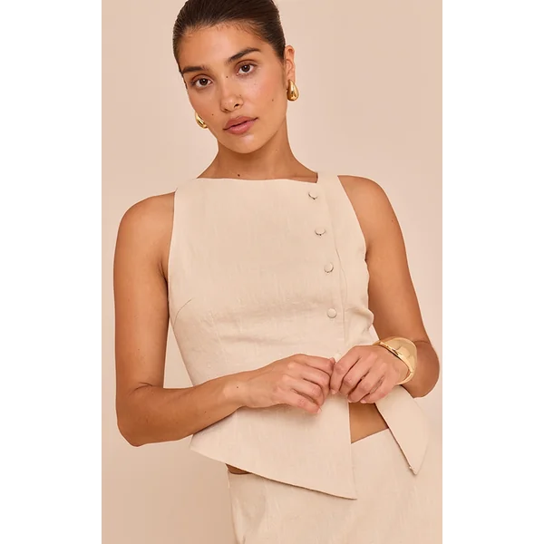 Petite Natural Premium Linen Look Asymmetric Button Up Vest