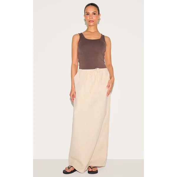 Petite Natural Premium Linen Look Drawstring Maxi Skirt