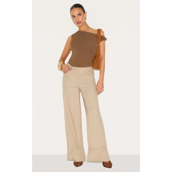 Petite Natural Stone Invisible Waistband Wide Leg Turn Up Pants