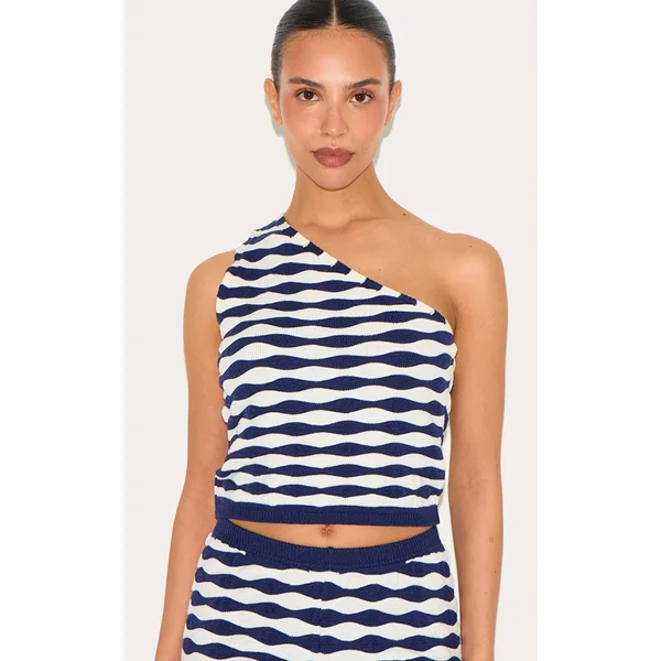 Petite Navy Knitted One Shoulder Striped Long Fitted Top