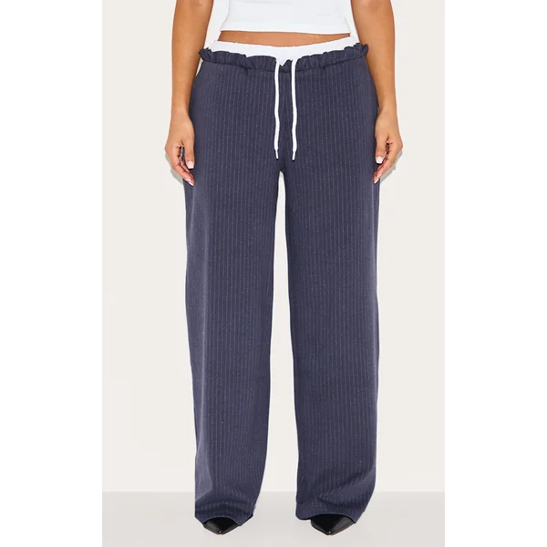 Petite Navy Pinstripe Contrast Waistband Wide Leg Pants