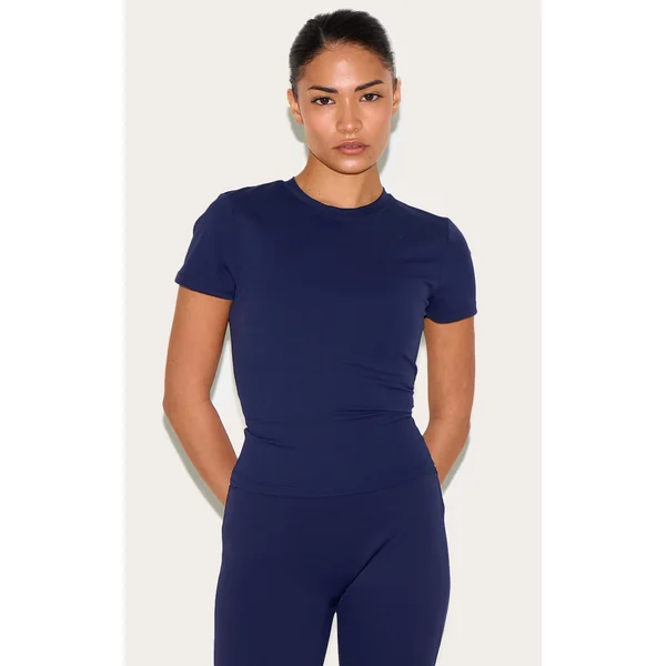 Petite Navy Sculpt Longline Short Sleeve Gym Top
