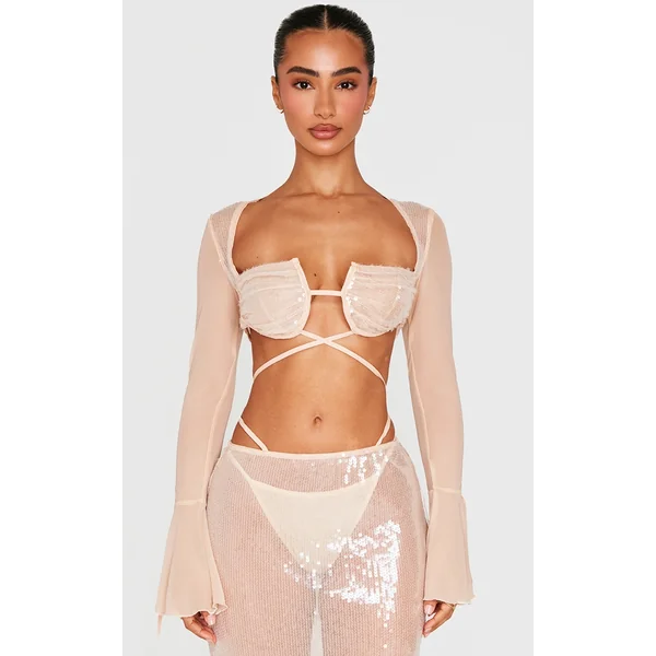 Petite Nude Sequin Cup Deatil Crop Top With Mesh Sleeves