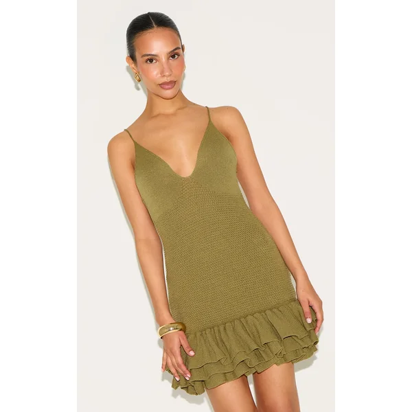 Petite Olive Knitted Frill Hem Strappy Mini Dress
