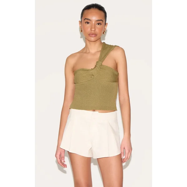 Petite Olive Knitted One Shoulder Bow Top