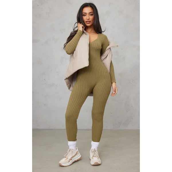 Petite Olive Long Sleeve Knitted Jumpsuit