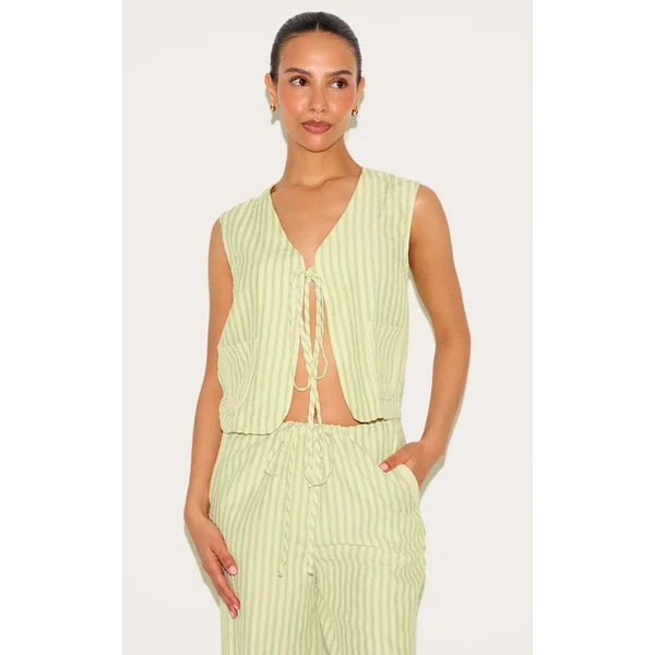 Petite Olive Striped Woven Tie Front Longline Vest