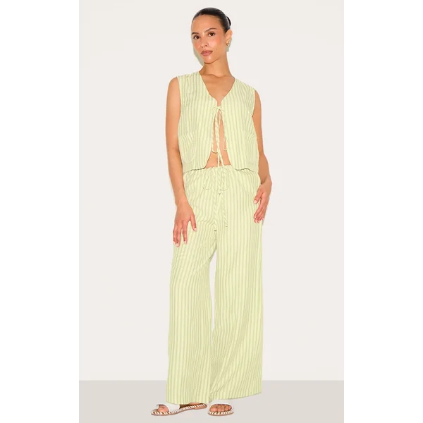 Petite Olive Striped Woven Wide Leg Pants