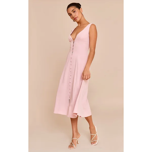 Petite Pale Rose Plunge Button Up Midi Dress