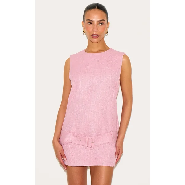 Petite Pale Rose Tweed Belted Shift Dress
