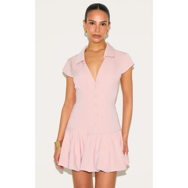 Petite Pale Rose V-neck Fitted Pleated Mini Dress