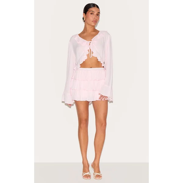 Petite Pink Cheesecloth Ruffle Mini Skort