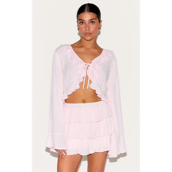 Petite Pink Cheesecloth Ruffle Tie Front Long Sleeve Top